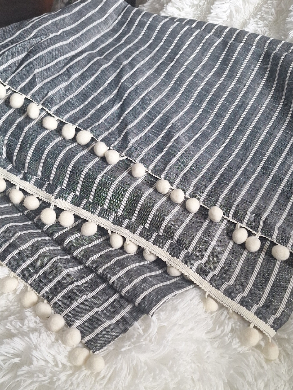 Threshold Striped Gray Pom Pom Single Rod Curtain Panel